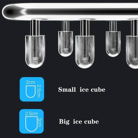 Close-up of ice cube sizes showing small and big options for Super Compact Countertop Ice Maker Machine For Home And Bars Yields Fresh Cubes In Six Minutes Flat.