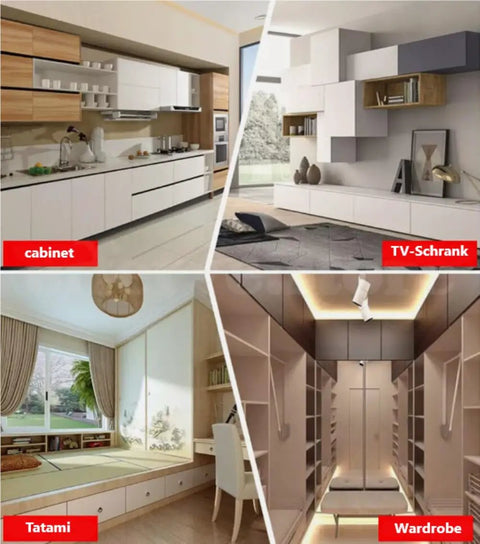 Collage of modern cabinet, TV unit, tatami room, and wardrobe design in a home interior.