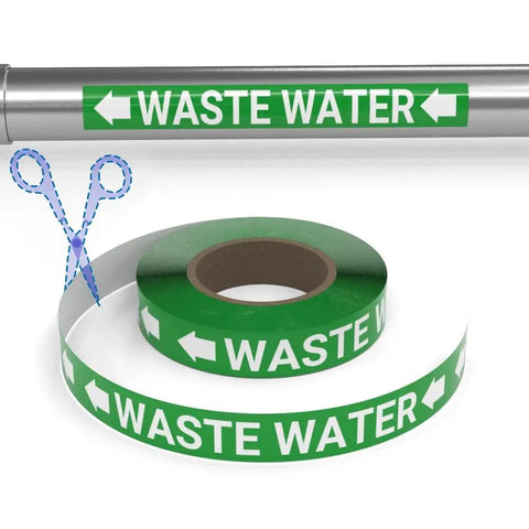 Green Waste Water Pipe Marking Roll 100 Feet Long Heavy Duty Industrial Labeling Tape on a spool with scissors graphic.