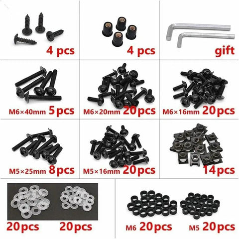 177Piece Full Fairing Bolts Kit For Bikes Colorful Screws Nuts Washers Clips Steel Fasteners Set, black and silver components.
