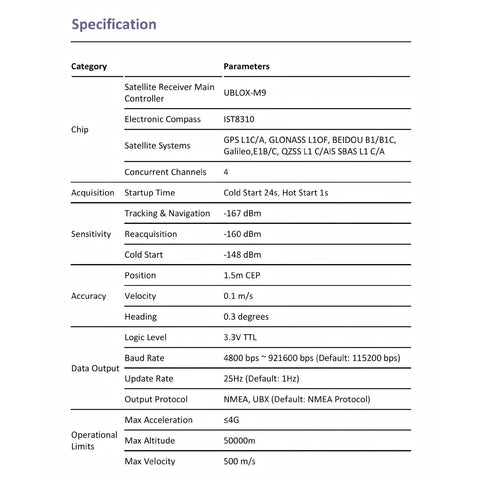 Specification sheet for FKA3 GNSS Compass Module With Upgraded 10th Gen Chip And Integrated Magnetic Compass For FPV Fixed Wing Drones