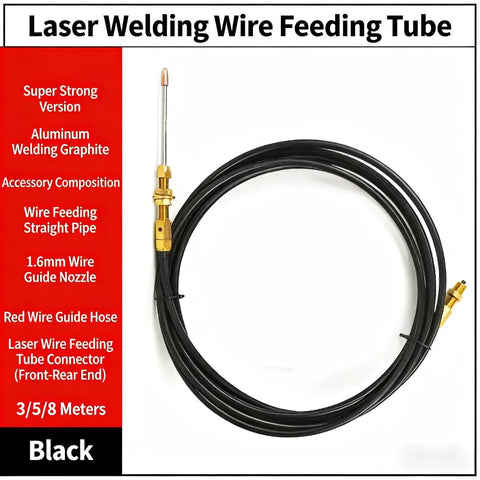 Pro Grade Laser Welding Wire Feed Pipe For SUP Handheld Welding Head, Flexible Graphite Aluminum Hose, coiled, black with fittings.