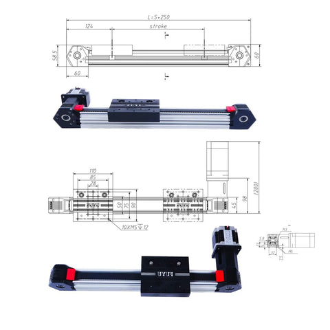 FUYU FPB45 linear stage with belt-drive, 700mm stroke, aluminum extrusion, NEMA 23 motor for CNC.