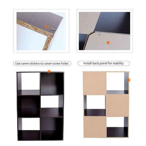 Close-up of Six Cube Storage Organizer Featuring Hella Sturdy Heavy Duty Particleboard shelves, assembly details, dark brown.