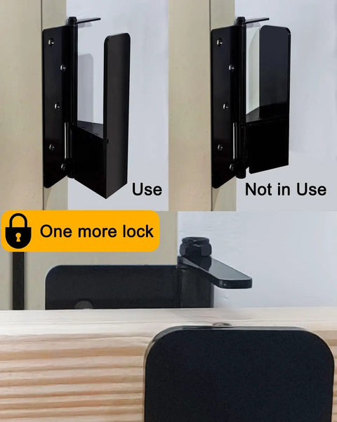 Tougher Than Nails Door Barricade Brackets Fit Standard 2X4 Lumber Ultra Heavy Duty Foldable Kick Proof Steel Braces Weather Resistant Powder Coated Home Security Reinforcement Kit Ships With Two Solid Units in use and not in use.