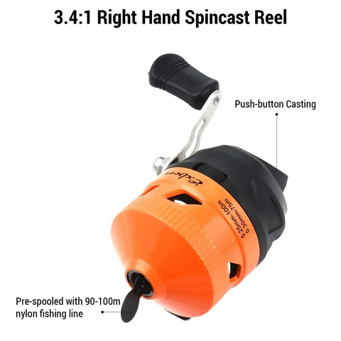 Spincast Fishing Reel For Beginners With Right Hand Retrieve Easy Push Button Casting Pre Wound Nylon Line Durable Orange Design