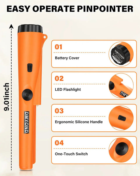 Professional Waterproof Metal Detector Pinpointer with LED flashlight and ergonomic handle for treasure hunting.