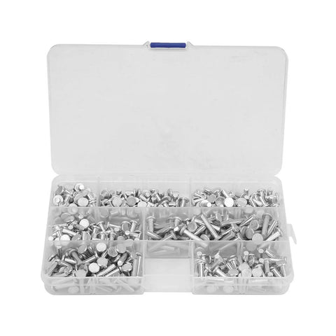 Rivet Hammer And Aluminum Flat Rivets Kit, 350 Piece Assortment, 18x10x2mm Rivets in a plastic storage box