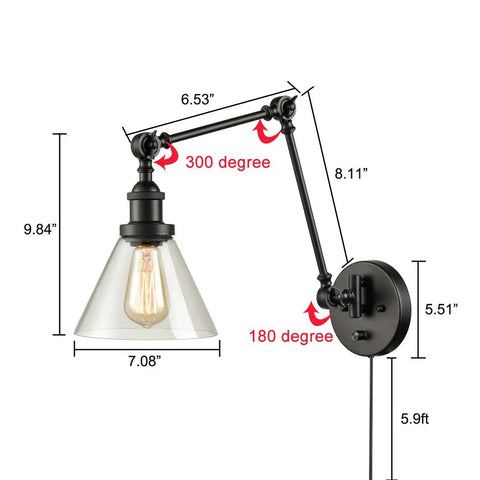 Industrial Swing Arm Wall Lamp Plug In Sconce With On Off Switch Black Finish Clear Glass Shade Adjustable Swing Arm dimensions
