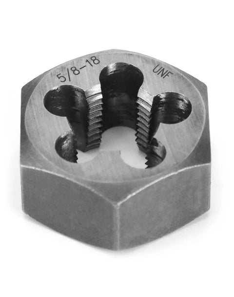 Five Eighths By Eighteen UNF Hex Die For Thread Repair In Carbon Steel close-up showing 5/8-18 engraving on hexagonal shape