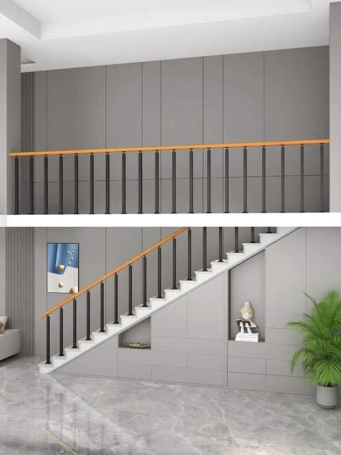Rock Solid Black Wrought Iron Stair Railing Posts With Smooth 270 Degree Flat Mount Brackets For Indoor Outdoor Deck And Balcony 43 Inch Modern Balusters 20 Count No Sweat Assembly installed in modern interior staircase.