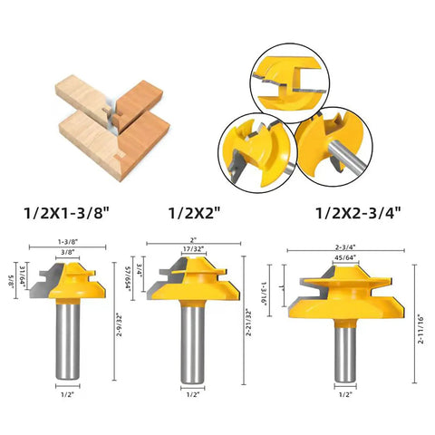 Killer 45 Degree Lock Miter Router Bit Set With Half Inch Shank And Hardcore Carbide Blades For Woodworking Joints and dimensions shown.