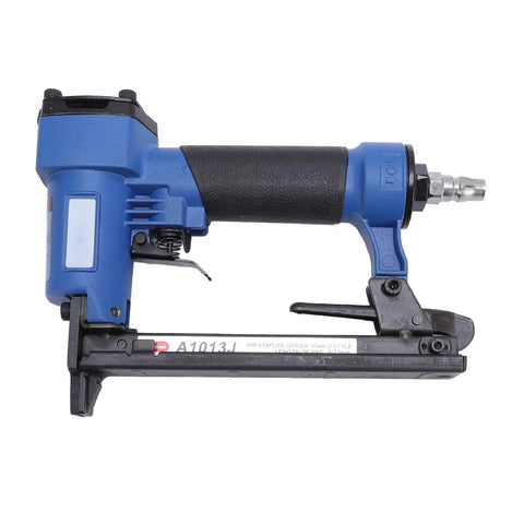 Rock Solid Pneumatic Brad Nailer For Woodworking Projects Drop Dead Easy 20 Gauge Air Nail Gun with blue body and black grip.