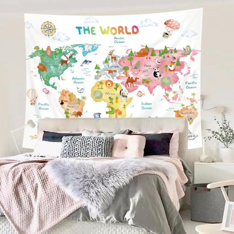 Kids World Map Tapestry 59Wx51Inch Colorful Continents With Wildlife Cartoon Educational Wall Hanging in bedroom decor