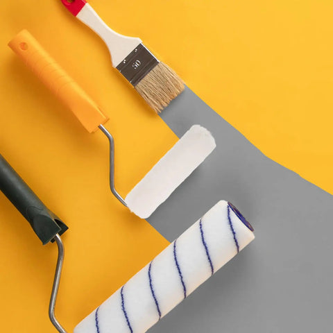 No Sweat 15 Piece Mini Paint Roller Set With 4 Inch Round Heads Ideal For Corners And Tight Squeezes shows various paint tools.