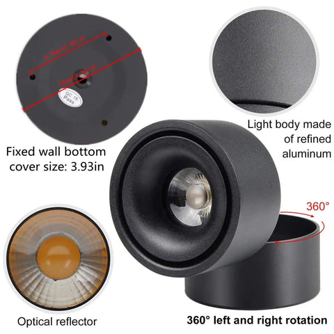 Dimmable LED Ceiling Spotlight With 360 Degree Swivel And Surface Mount, 10W COB Downlight, black finish, optical reflector details