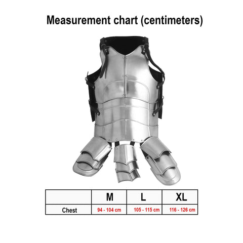 Beefy 18 Gauge Medieval Cuirass Armor With Tassets For LARP And Cosplay Full Chest Groin And Hip Protection size chart display
