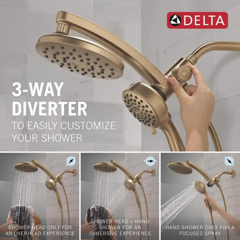 Real Deal 3 In 1 Rainfall And Handheld Shower Head With 360 Pivot Body and High Pressure Pro Clean Spray for a total bath upgrade shown in three modes.