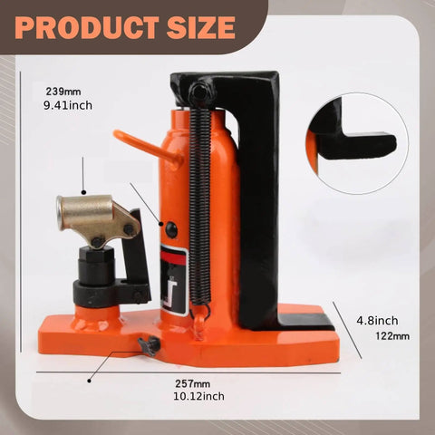 Product size details for Heavy Duty Hydraulic Claws Toe Jack featuring 20mm steel pads and 115mm lift range.