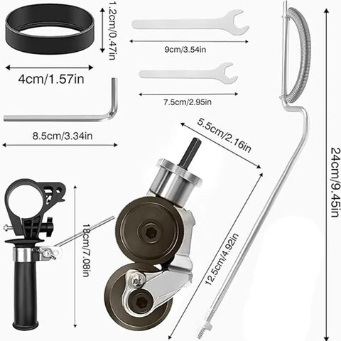 Heavy Duty Metal Cutter For Electric Drill Cutting Steel Plate Iron Aluminum Copper Sheet Metal Shear Tool with detailed parts and dimensions.