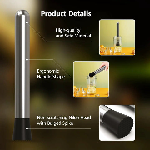 8 Inch Stainless Steel Cocktail Muddler with ergonomic handle and nylon head, shown in use for mojitos and fruit drinks.