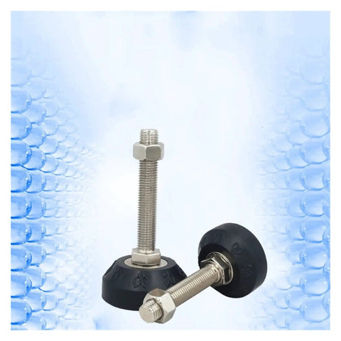Eight Piece Heavy Duty Adjustable Furniture Leveling Feet With Three Inch Diameter Bases showing two leveling feet with steel bolts.