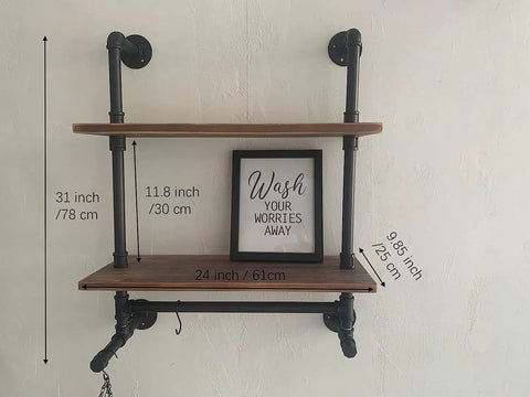Industrial Pipe Shelves With Towel Bar For Bathroom, Rustic Floating Wall Shelves With Wood Planks, 24 Inch, Black Metal Pipes