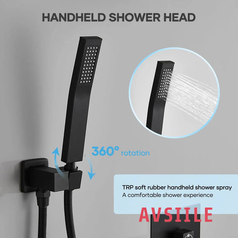 Top Shelf Matte Black Shower Faucet Set With 10 Inch Rainfall Shower Head And Tub Spout, Solid Stainless Steel Bathroom Fixture With Triple Spray Functions For Real Deal Relaxation - Handheld shower head with 360° rotation and TRP soft rubber spray.