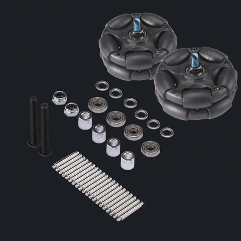 Brompton omni wheel upgrade kit with 58mm wheels, screws, bearings, and hardware for folding bike replacement.