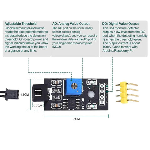 Close-up of the resistive soil moisture meter set with corrosion-resistant probes, showing AO analog signal output and measurement details.