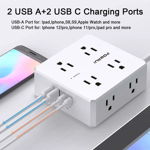 Smooth Operator Eight Outlet Power Strip With Six Foot Flat Plug Extension Cord Delivering Easy Reach Jacks And Four High Speed Usb Ports, featuring USB A and USB C ports.