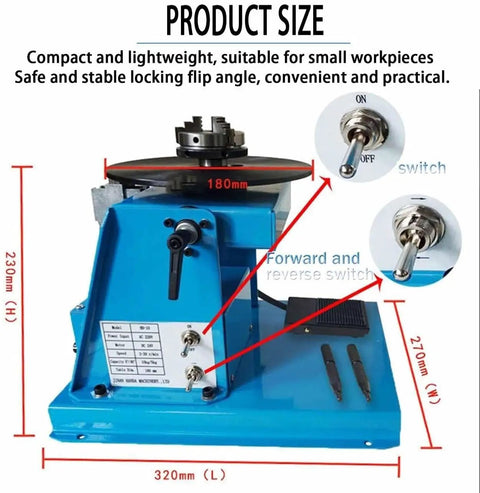 Pro Grade Automatic Rotary Welding Positioner With Smooth 0 To 90 Degree Swivel and Foot Pedal Control 65Mm Quick Change Chuck for 10Kg Heavy Workshop Fabrication Jobs, showing product size and controls.