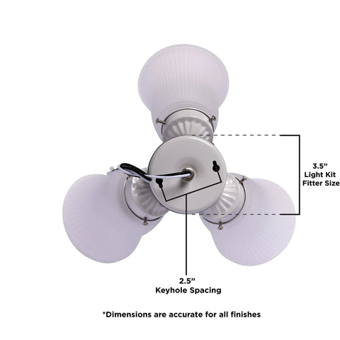 Three Light LED Ceiling Fan Light Kit In Oil Rubbed Bronze Finish With Frosted Ribbed Glass Shades Includes Three 2700K Soft White LED Bulbs For A Cool, Cozy, Classic Cluster Light Upgrade On Indoor Ceiling Fans, top view displaying frosted shades and keyhole spacing.