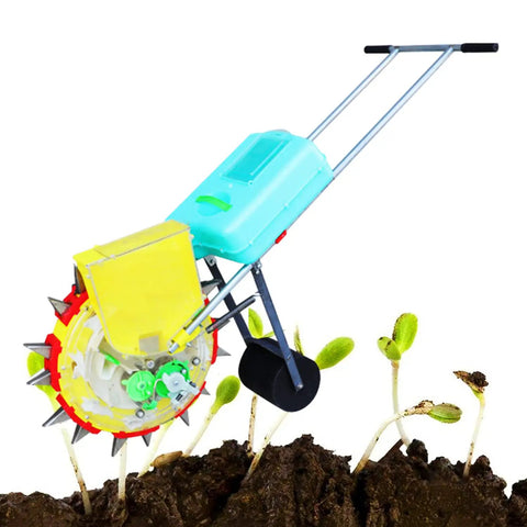 Walk Behind Garden Seeder With Ten Seed Plates And Dual Seed And Fertilizer Buckets For Precise Row Spacing And Seed Depth No Fuss Easy Hand Push Roller Seeder For Lawn And Garden Or Farm Efficient Planting Tool in use