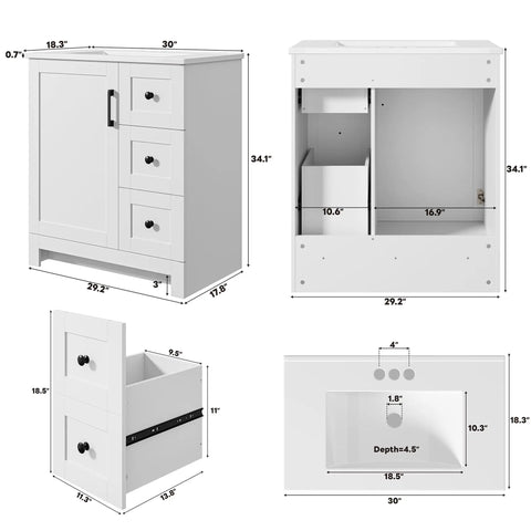 Clean Modern 30 Inch Bathroom Vanity In Bright White Matte With Integrated Sink Offering Straight Up Killer Storage Through Dual Soft Close Drawers And Solid Cabinet Door Total Upgrade For Your Space dimensions and features with soft close drawers.