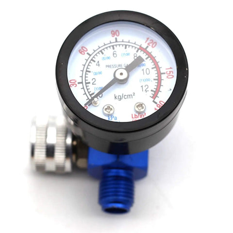 Pro Air Pressure Regulator With Gauge For Spray Paint And Pneumatic Tools showing a pressure gauge dial with blue fittings.