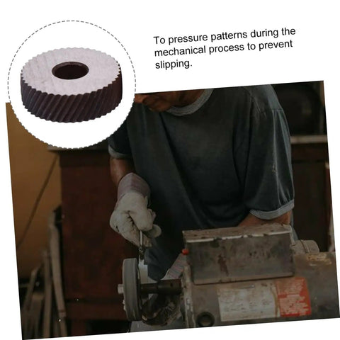 Close-up of a knurling tool being used on a lathe machine with diagonal cut wheels for texture patterns.