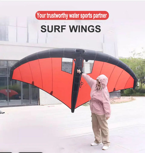 Awesome Inflatable Surf Wing With Pump For Paddle Boards And Hydrofoils in use, red, polyester and TPU, 370x200 cm.