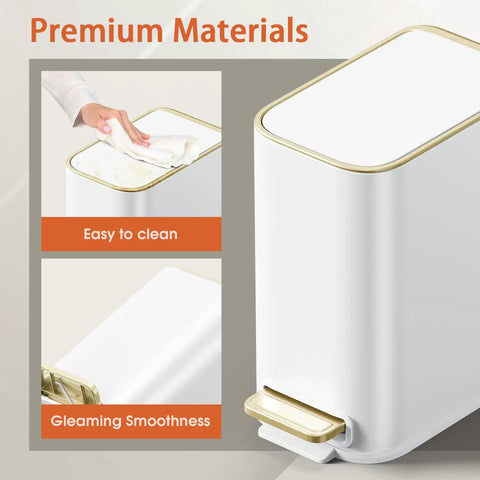 White 5L Slim Stainless Steel Trash Can With Gold Trimmed Lid, Pedal Lid, soft close, removable inner bucket, easy clean feature.