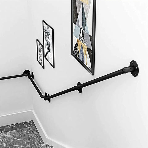 Badass Industrial Wrought Iron Stair Railing Kit Twenty Foot Wall Mount Banister Pipe Rail for stairway transition with artwork.