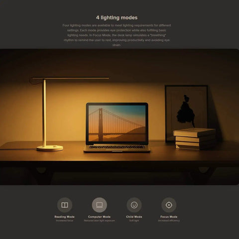Lit Smart LED Desk Lamp With Remote Control, Dimmable Table Light on desk next to laptop, highlighting 4 lighting modes.