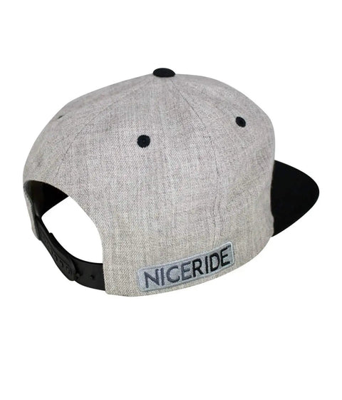 Back view of Strong Faded Snapback Baseball Cap with Flat Bill, Embroidered Logo, gray style, adjustable closure, outdoor sports hat.