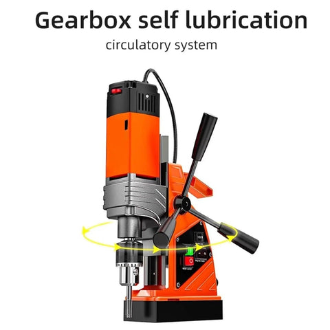 Beast Mode Heavy Duty Magnetic Drill Press for Metalwork and Construction, showing gearbox self-lubrication circulatory system.