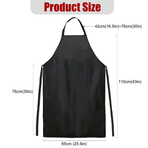 Extra Long Waterproof Vinyl Apron With Adjustable Neck Strap And Long Waist Ties, size chart, 43-inch length, black.