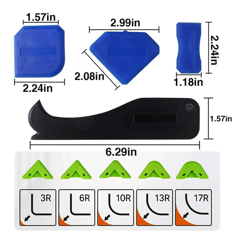 Five In One Caulk Remover Tool With Stainless Head For Silicone Sealant Removal And Grout Scraping, tool dimensions and pads