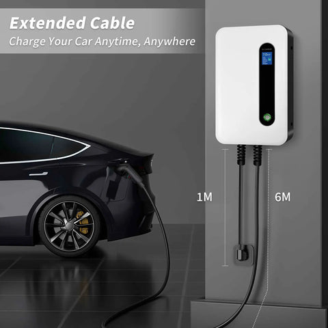 32A 7.68kW Level 2 EV Charger With NEMA 14 50 20ft Wall Mount Station charging electric car with extended cable
