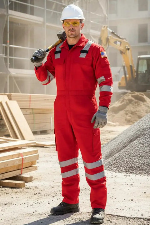 No Nonsense Hi Vis High Visibility Coveralls With Convenient Leg Zippers For Tough Construction And Mining Jobs Made From Durable Cotton Blend That Gets The Job Done Right worn by a worker on a construction site.