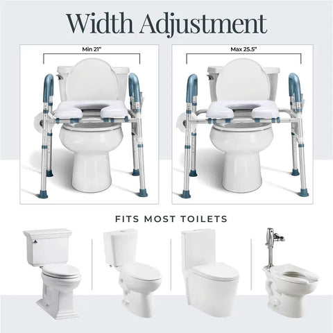 Adjustable Heavy Duty Toilet Seat Riser With Armrests For Seniors showing width adjustment options fitting most toilets.