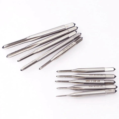 10 Piece Micro Tap Drill Bit Set M1 To M3.5 Metric Thread Bits Kit HSS High Speed Steel laid out on white surface