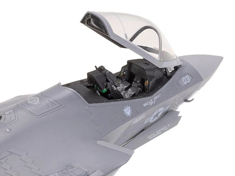 Close-up of the F-35C Lightning II 1/72 Scale Model Kit Unpainted Plastic Assembly cockpit, RAM panel detail visible, canopy open.